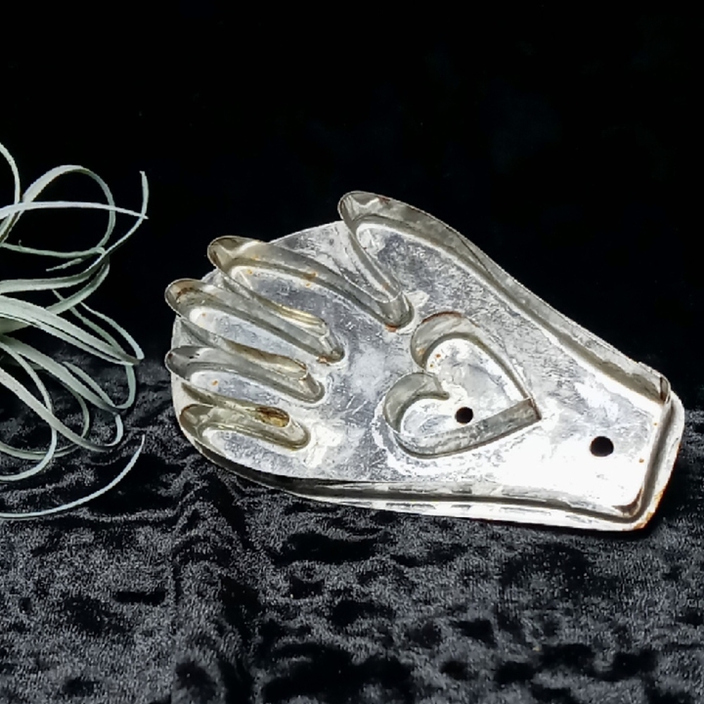 Vintage B.Cukla AARFAC Folk Art Tin Cookie Cutter Hand With Heart Inside